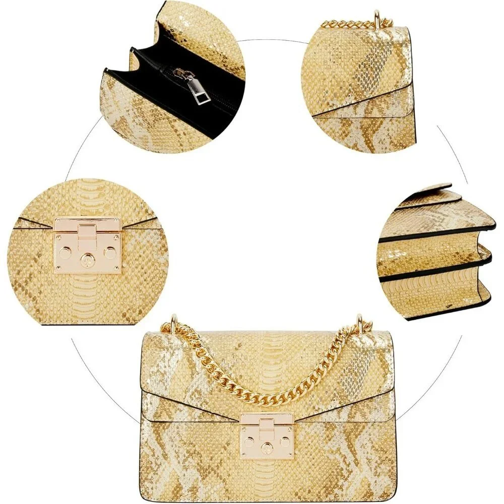 ⚡ Women's Fashion Snake Gold Vegan Leather Print Casual Satchel Crossbody Bag